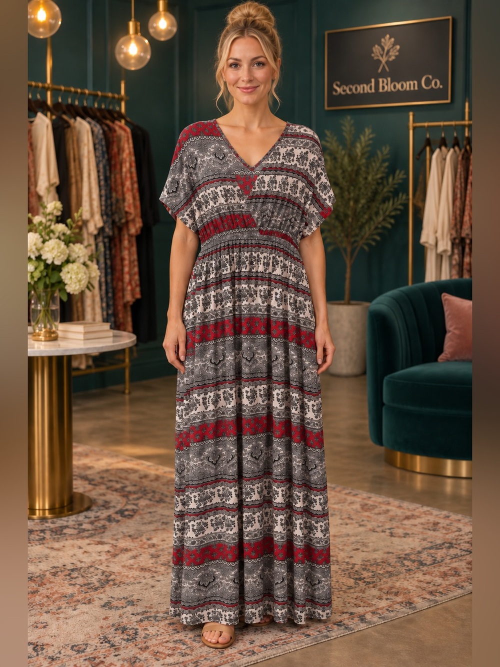 Isla Bonita Boho Paisley Maxi Dress One Size Red Gray 💛B1G2 FREE💛